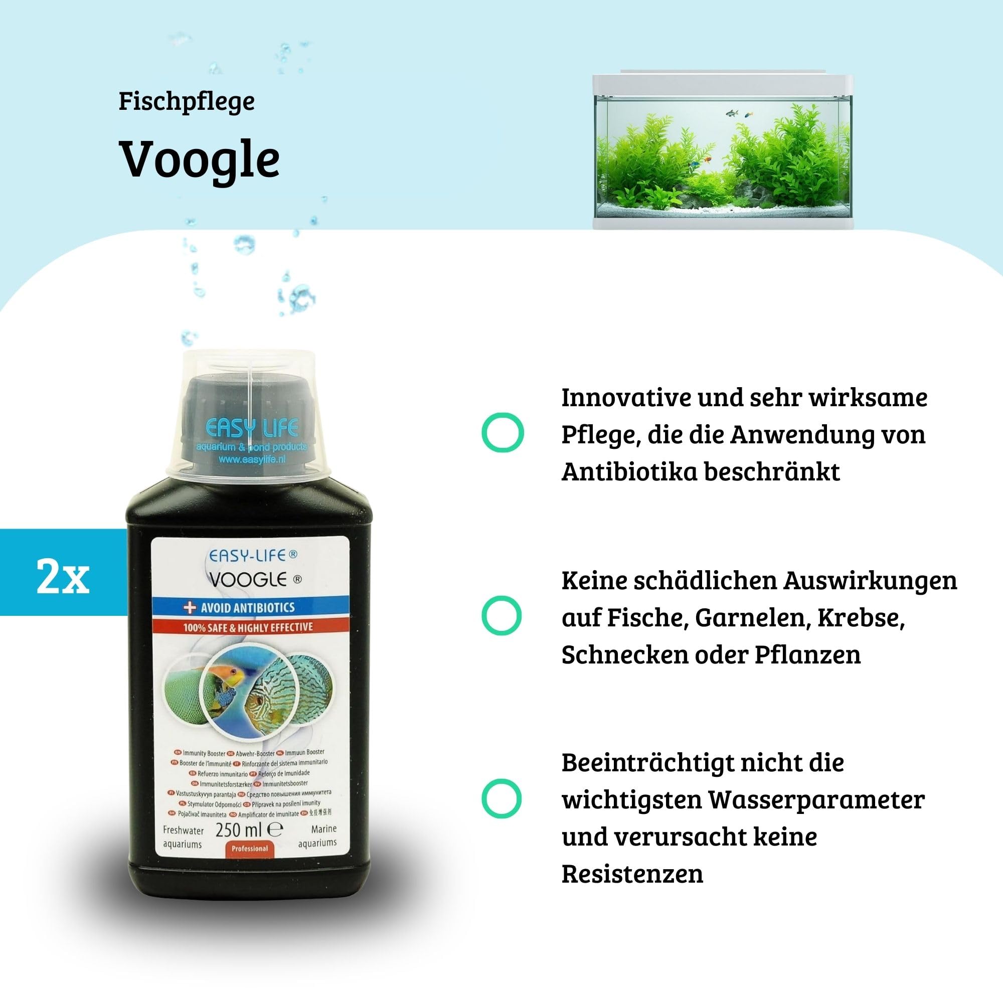 Easy Life Voogle 2er Pack – 2X 250 ml natürliche Immunstimulanz für Aquarienfische, stärkt Abwehrkräfte, schützt bei Stress & Krankheit, einfache Anwendung ohne Chemie