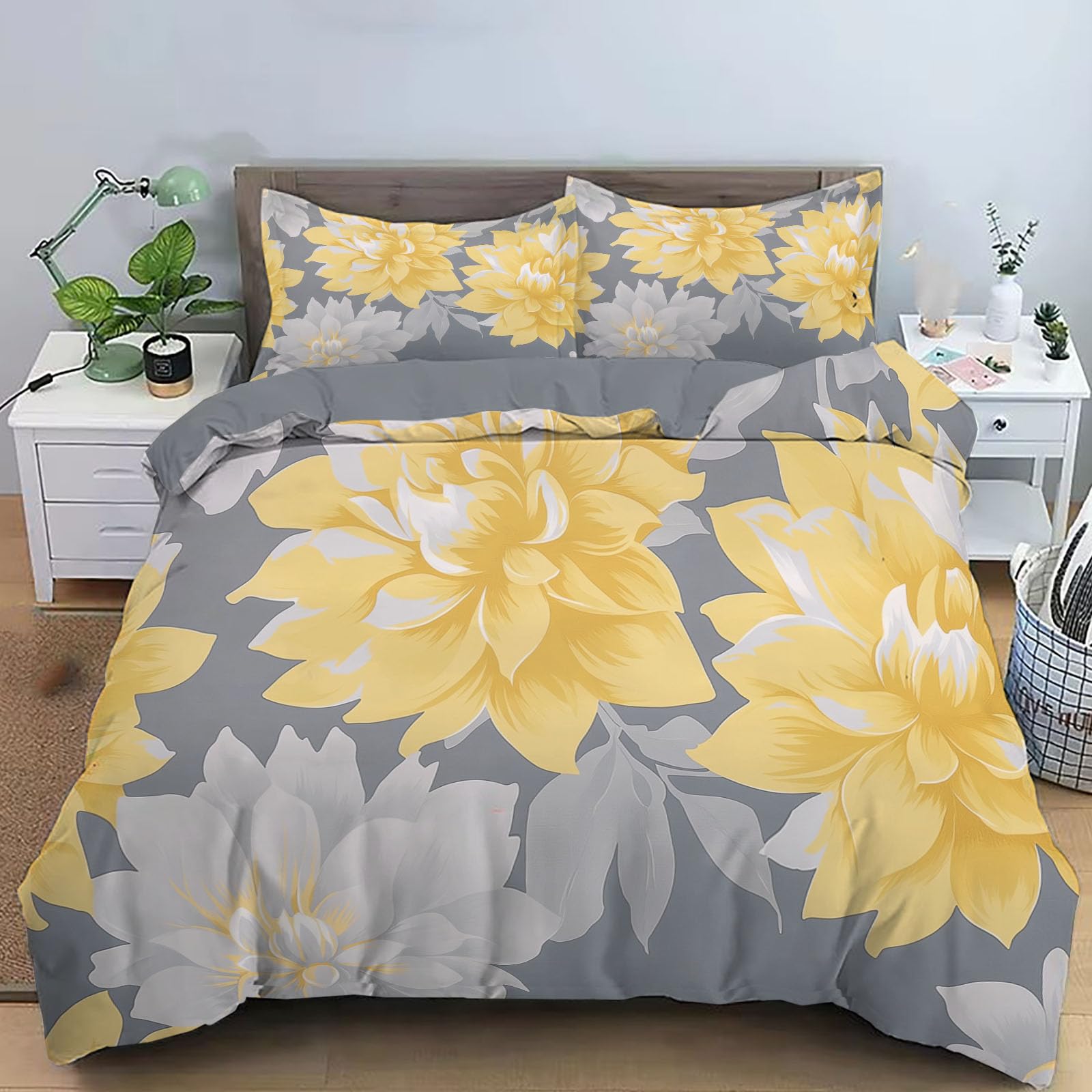 Housse de couette dahlia en tissu doux et respirant jaune et gris