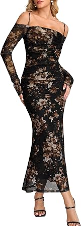 EYNMIN Womens Fall Wedding Guest Dresses Long Sleeve Spaghetti Strap Mesh Ruched Bodycon Maxi Formal Dress