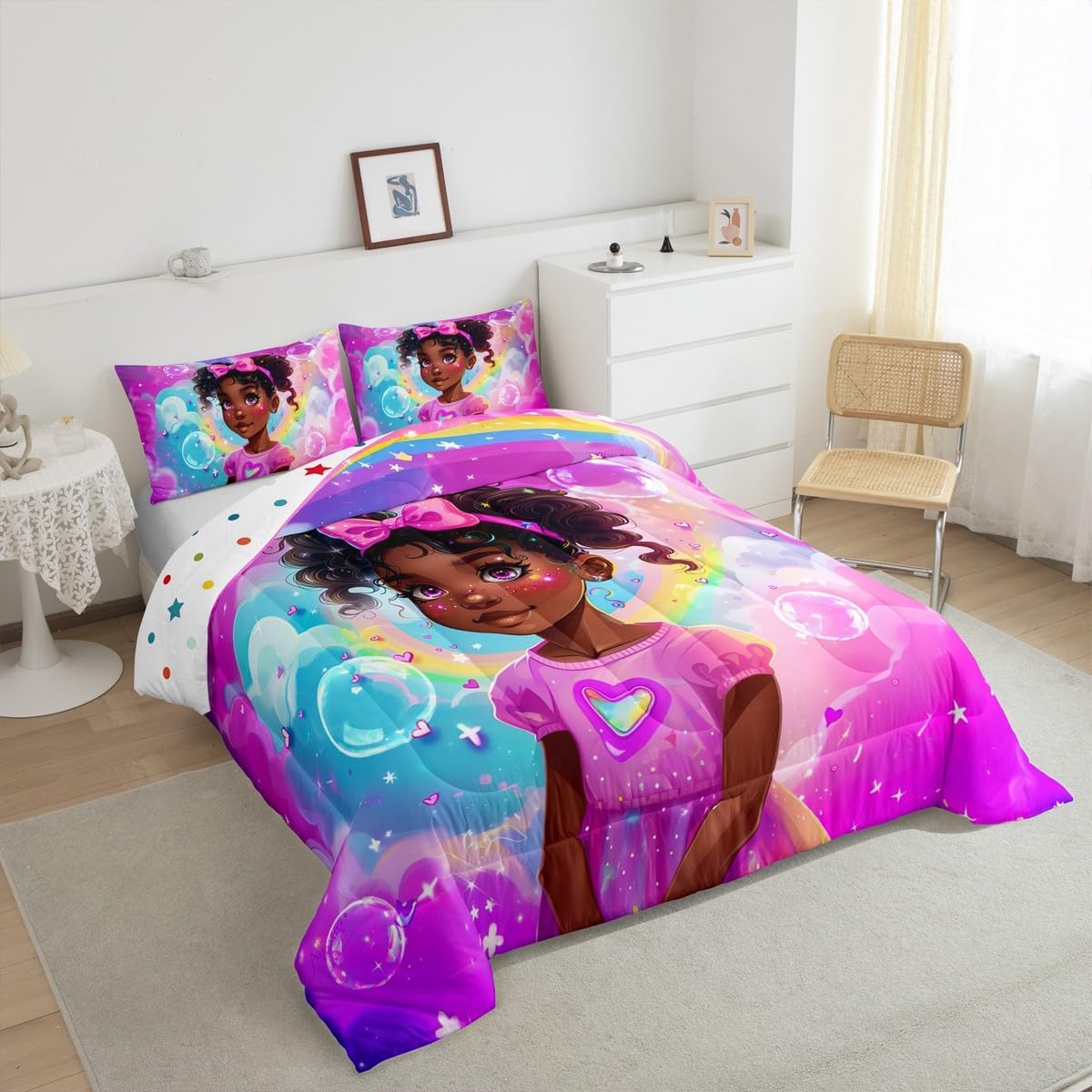 Kawaii Black Girl Bedding Full Size Cute Rainbow Comforter Set for Kids Bedroom Decor, Dreaming Glitter Stars Duvet Insert Pink Love Heart Bubble Quilt Set Little Princess Bedding Comforters & Sets