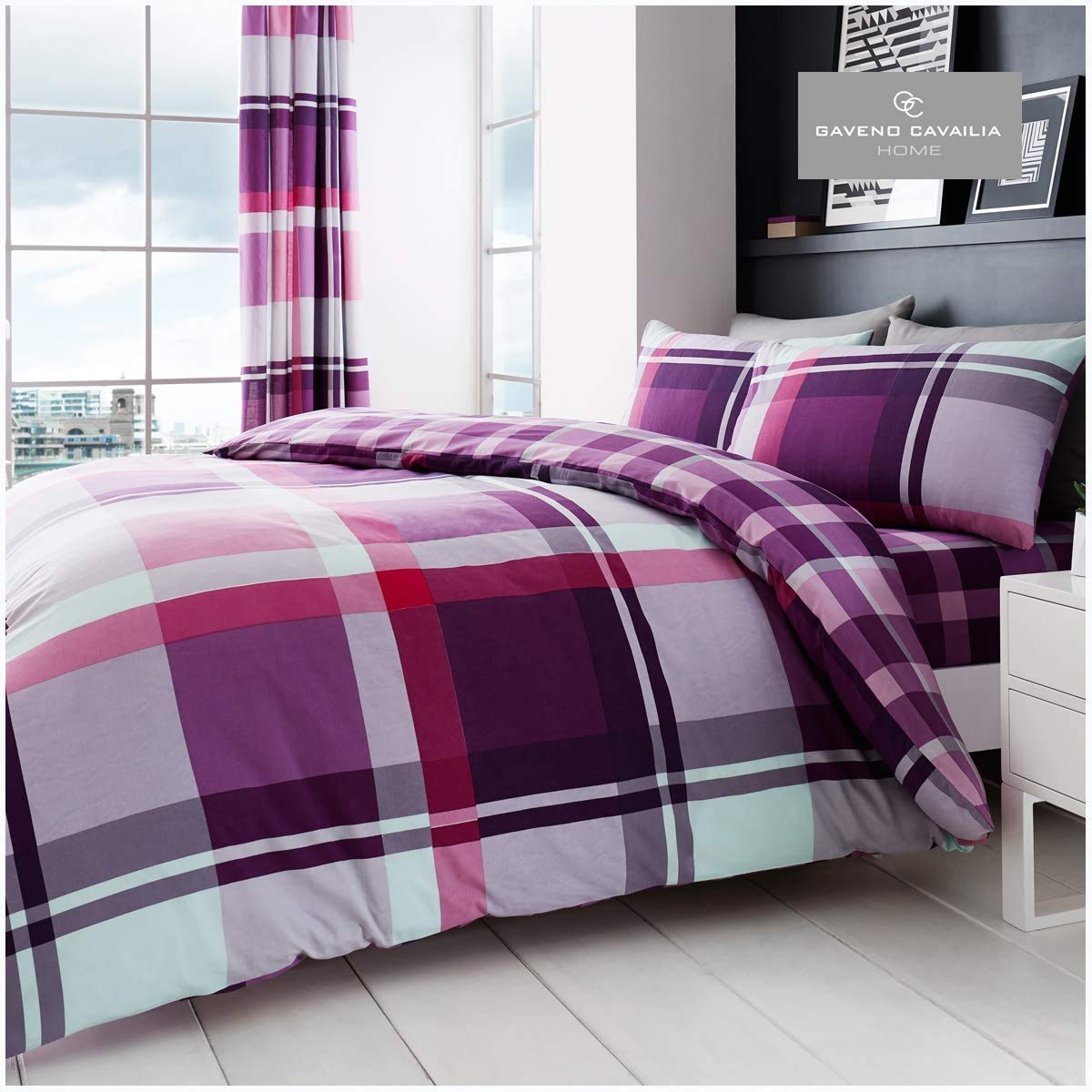 GC GAVENO CAVAILIA Geometric Check Duvet Cover Set King Size, Reversible Bedding Set with Matching Pillowcases, Soft Easy Care Bed Set, Purple