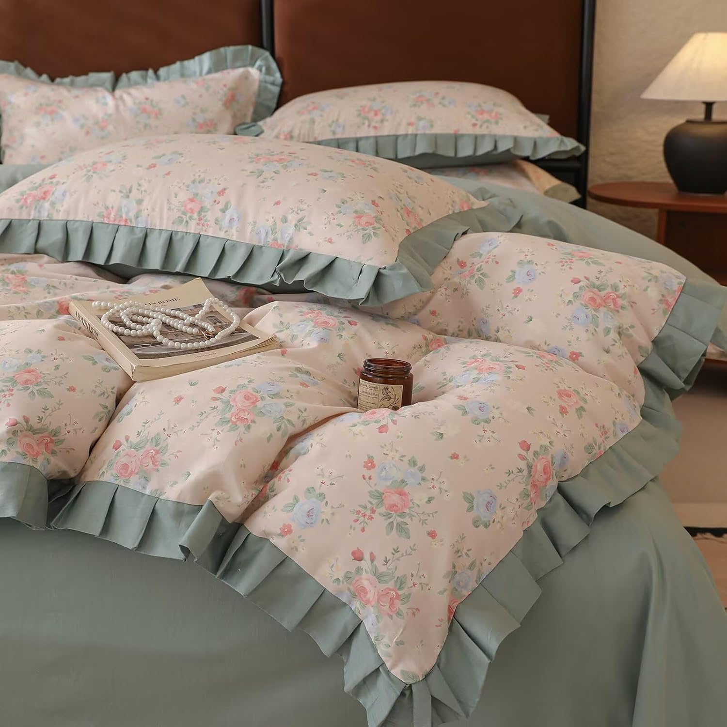 Green Ruffle Duvet Cover Full Chic Garden Style Blooming Bedding Sets Teen Girls,Super Soft Comfy 100% Cotton Quilt Covers,with Zipper Closure & Corner Ties