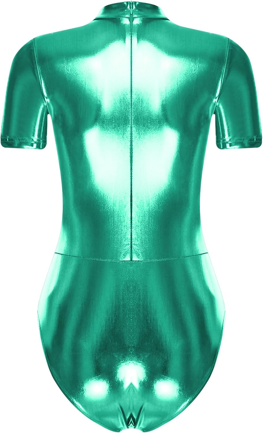FEESHOW Metallic Shiny Short Sleeve Bodysuit for Women Mock Neck Bodycon Leotard Nightclub