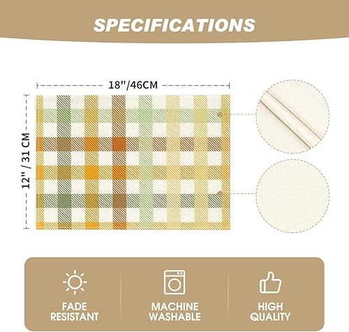 Miniatura 5 de Artoid Mode Juego de 4 manteles individuales de cuadros de búfalo amarillo naranja de 12 x 18 pulgadas para decoración de fiestas, cocina, comedor