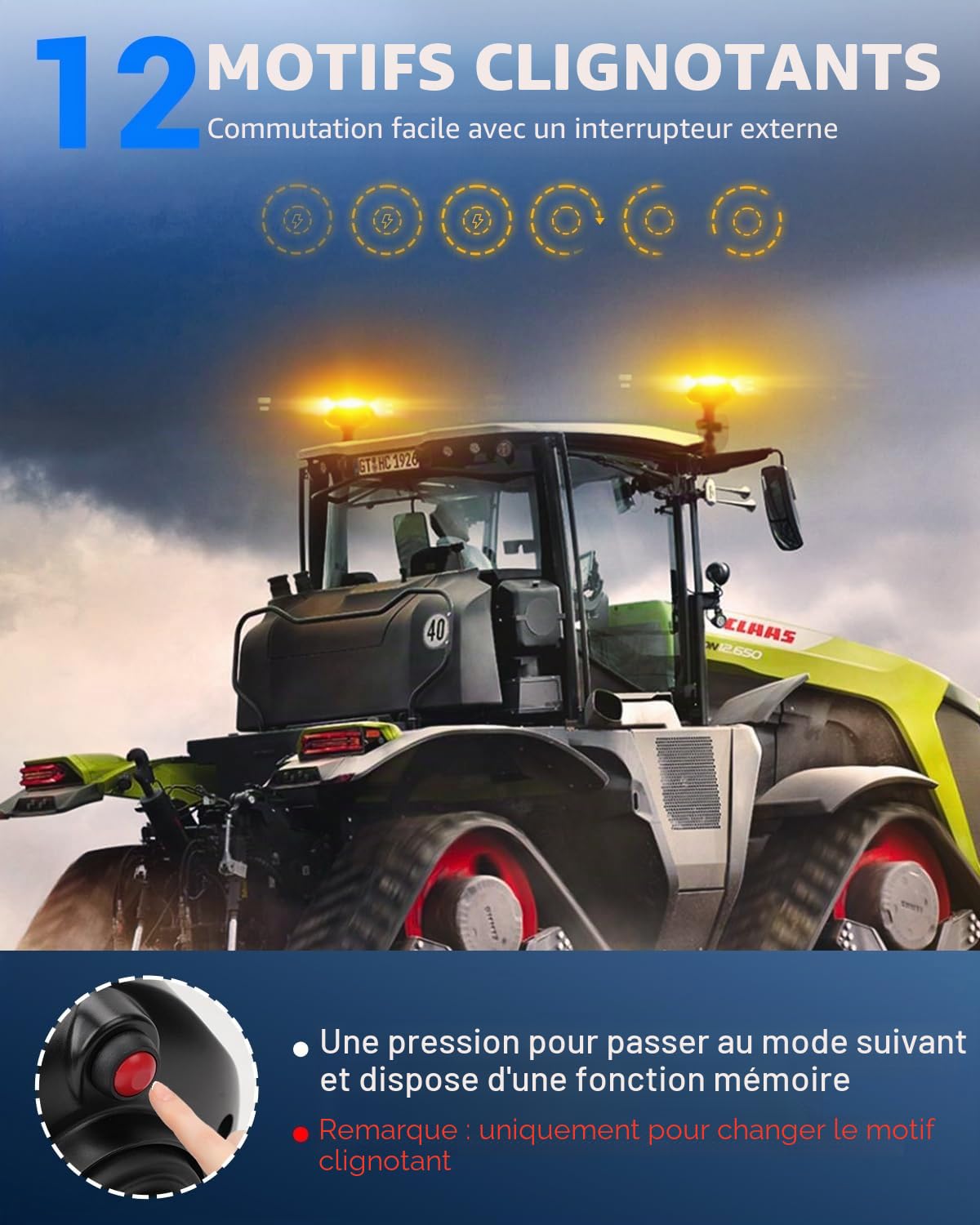 SUPAREE 12/24V Lumière Stroboscopique LED Gyrophare LED Stroboscopique Gyrophare Rotatif avec Interrupteur E-MARK 12 Modes de Flash Ambre pour Véhicules Agricoles Camion Chariots Élévateurs