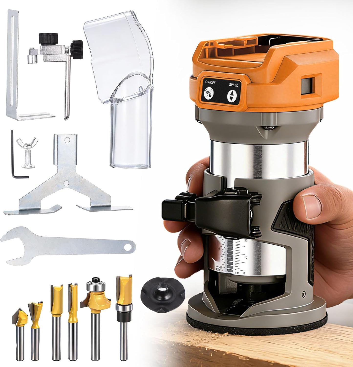 Cordless Brushless Router Compatible with DeWalt 20V Battery, 12000-30000 RPM Variable Speed, 1/4" Collet, Fixed Base Palm Router with 6-Piece Router