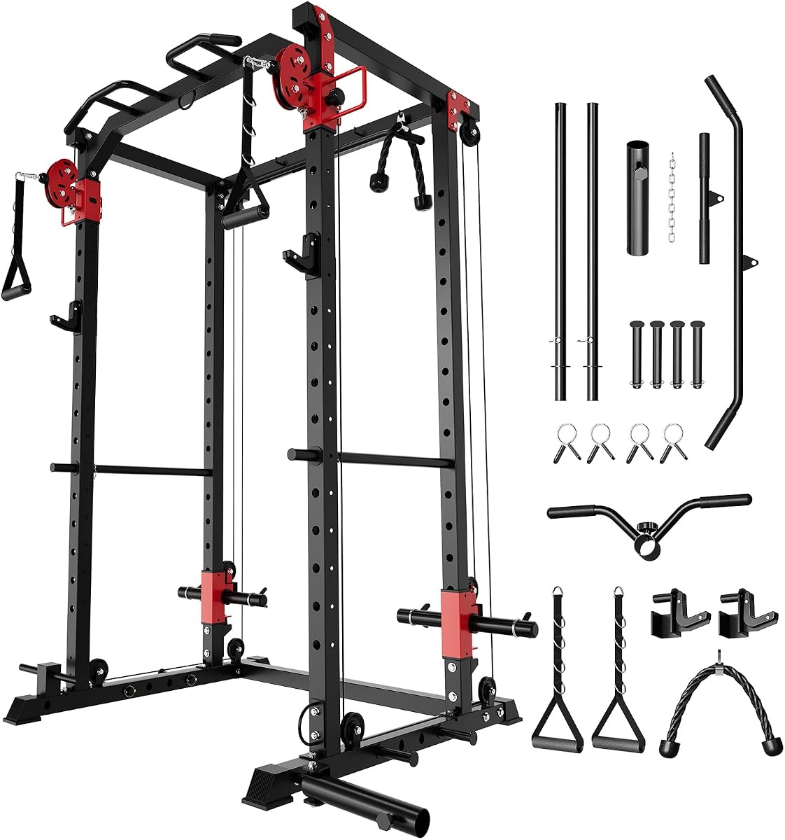 Power Cage with Dual Pulley System, 1600LB Multi-Function Squat Rack | Cable Crossover & LAT Pull Down, All-in-One Home Gym Strength Training Cage for Full Body Workout, Red Black