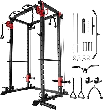 Power Cage with Dual Pulley System, 1600LB Multi-Function Squat Rack | Cable Crossover & LAT Pull Down, All-in-One Home Gym Strength Training Cage for Full Body Workout, Red Black