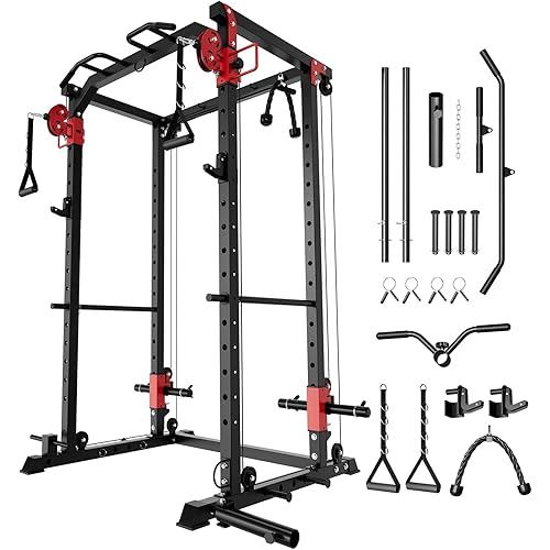 GarveeLife Power Cage, Power Rack with Cable Crossover System, 2000LBS Squat Rack with LAT Pull Down System, Workout Cage with Pulley System for Fitness Home Gym Strength Training(Red and Black)