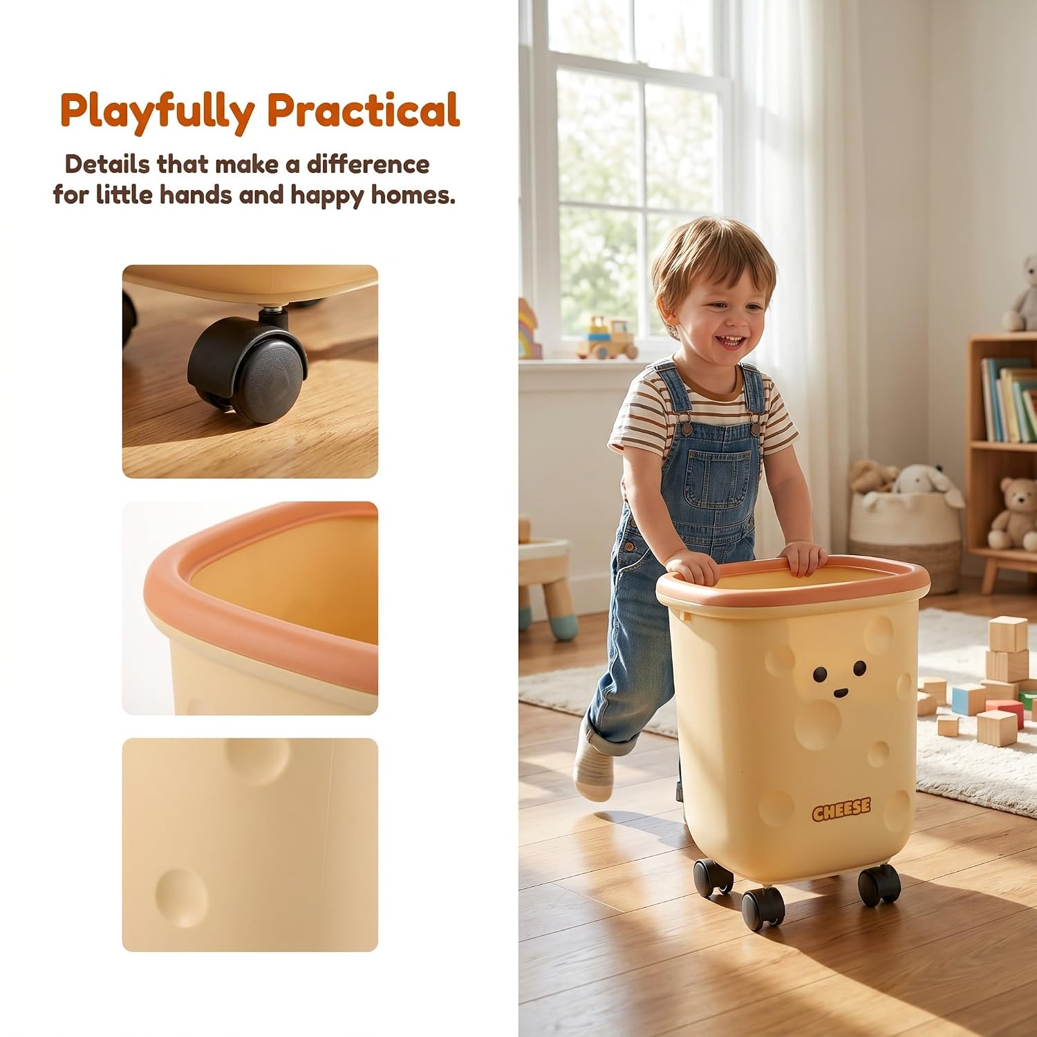 UKCOCO Kawaii Trash Can for Kids, 18L/4.76 Gallon Large Compact Plastic Cartoon Bin with Wheels, Space-Saving Cartoon Waste Basket for Classroom Or Bathroom