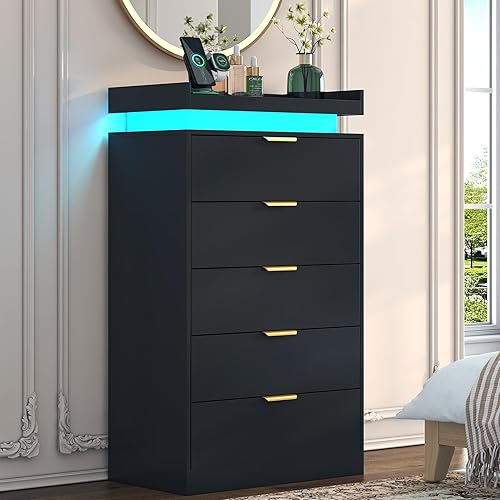 Miniatura 10 de Cómoda de 6 cajones para dormitorio, cómoda blanca con luces LED y toma de corriente, cómoda de madera, cómoda doble ancha para dormitorio, entrada