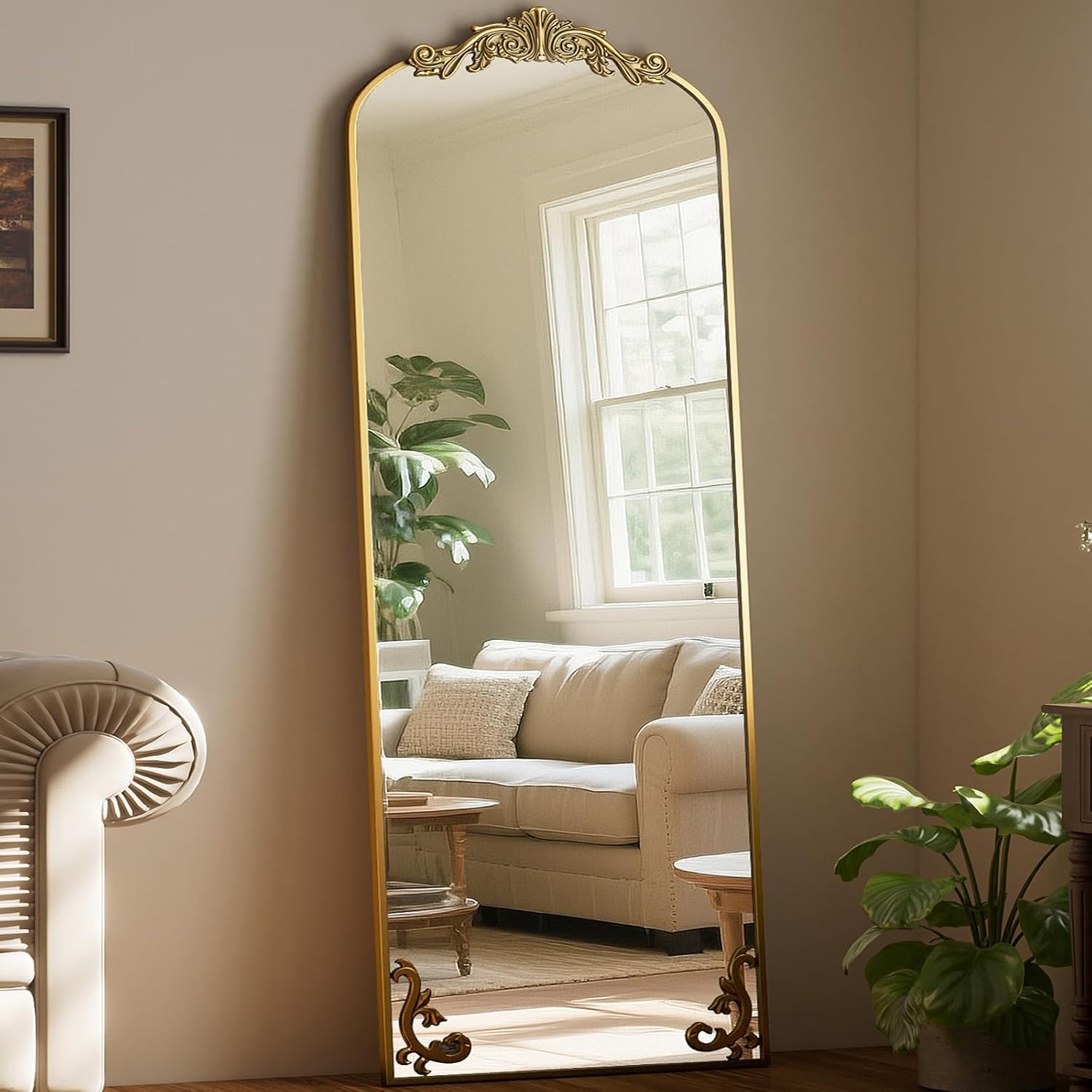 21"x 64" Arched Full Length Mirror, Freestanding Floor Mirror with Carved Metal Frame & Bottom Art Carved, Gold Full Body Mirror for HomeDecor, Halling Wall Mirror with Vintage Ornate Carved Accents