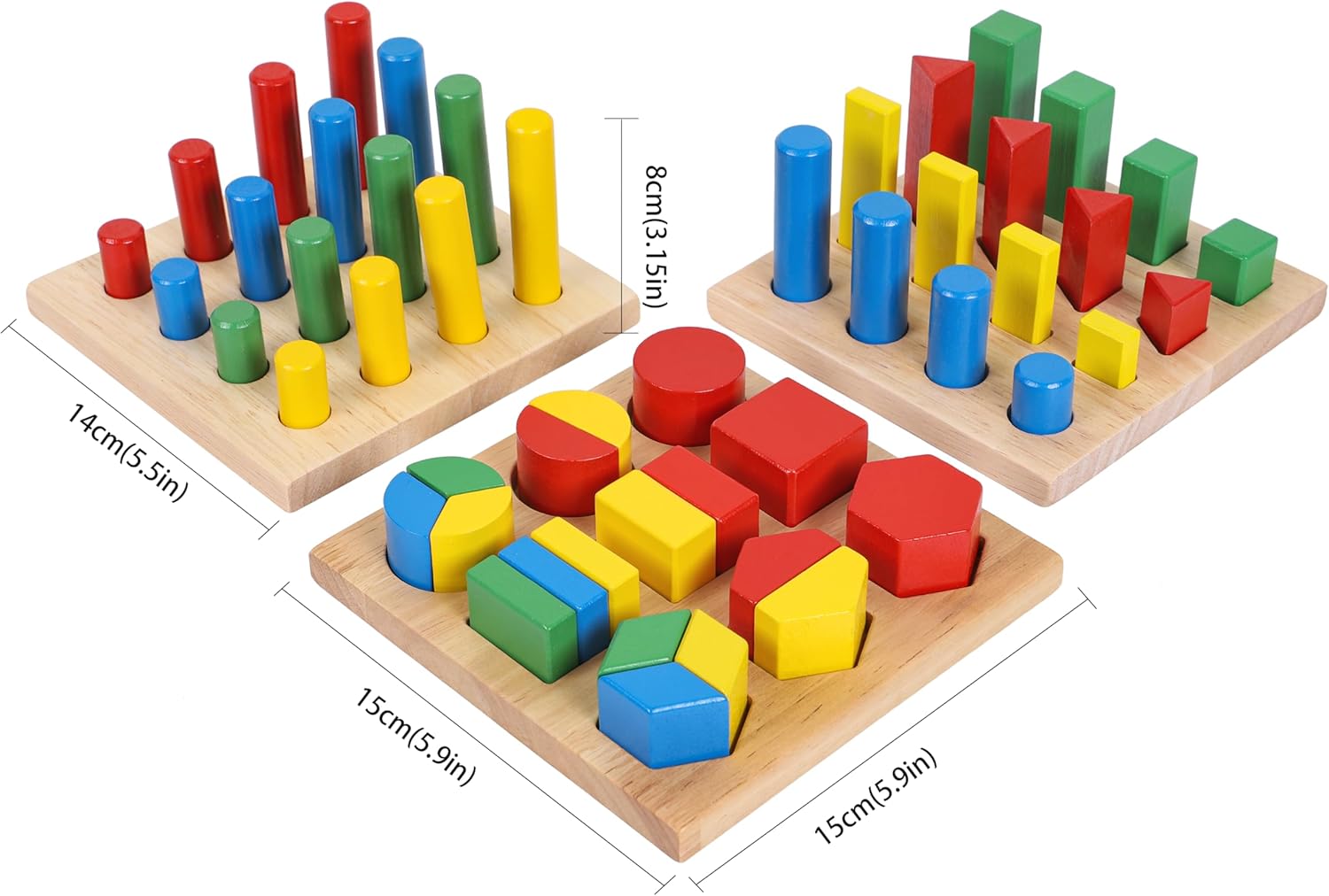 TOWO Wooden Geometric Shapes Stacking Rings and Fractions Boards 8 in 1 Set Puzzles- Shape Sorter Sorting Toy Stacking Game – Montessori Materials Educational Learning Toys for 3 4 5 6 Years