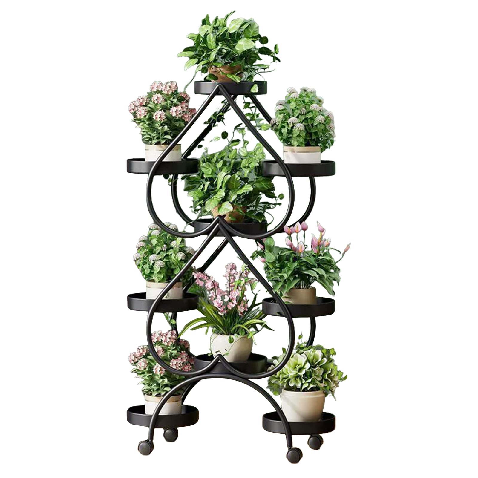 JIHNM Indoor Plant Stand with Wheel, Heart Shaped Corner Shelf Tall Plant Stand for Multiple Indoor Plants, Flower Stand Decor for Gardening Balcony Garden Patio (Black, 9 Tier)