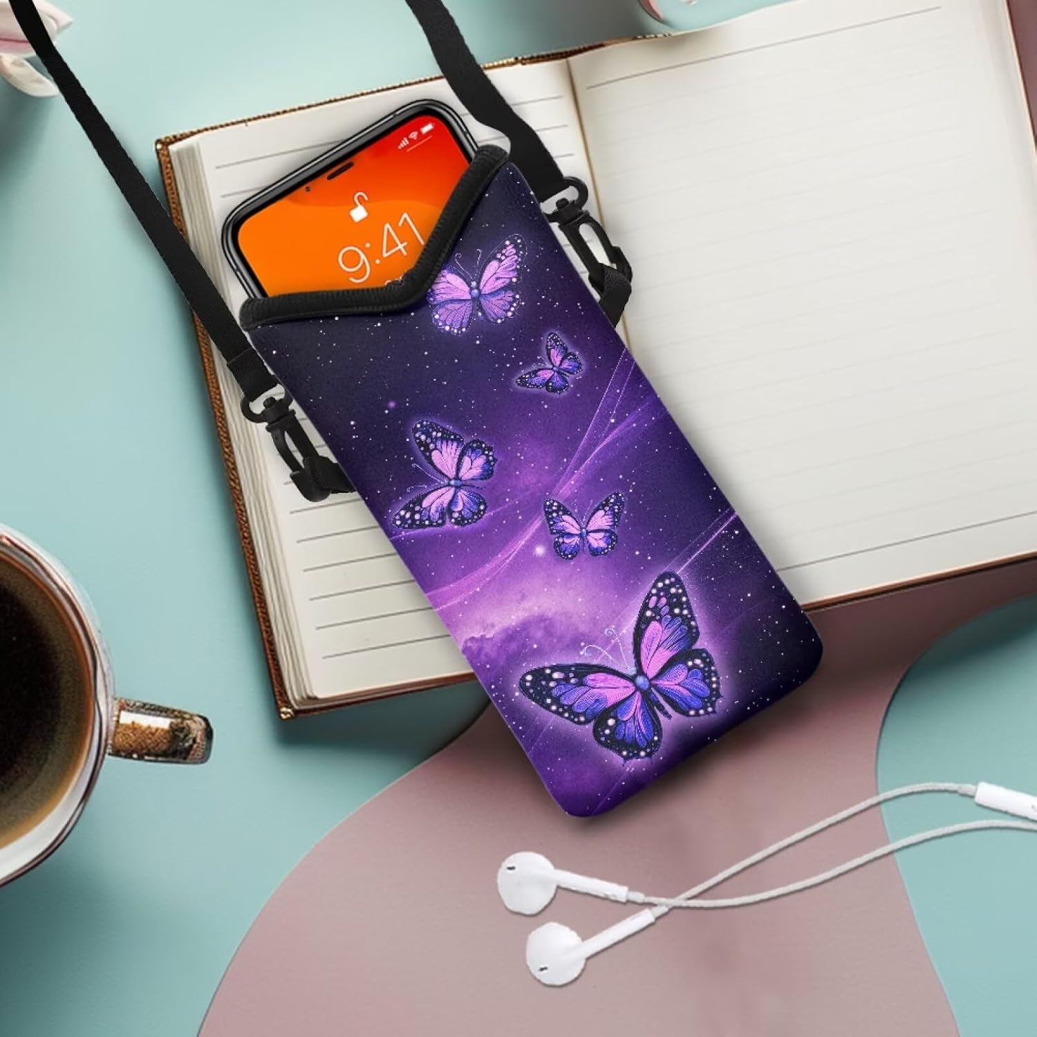 Suobstales Purple Galaxy Butterfly Print Neoprene Phone Sleeve for Women Men Lightweight Cell Phone Pouch Case Bag with Crossbody Strap/Neck Lanyard for iPhone Samsung, 8 X 4 inch