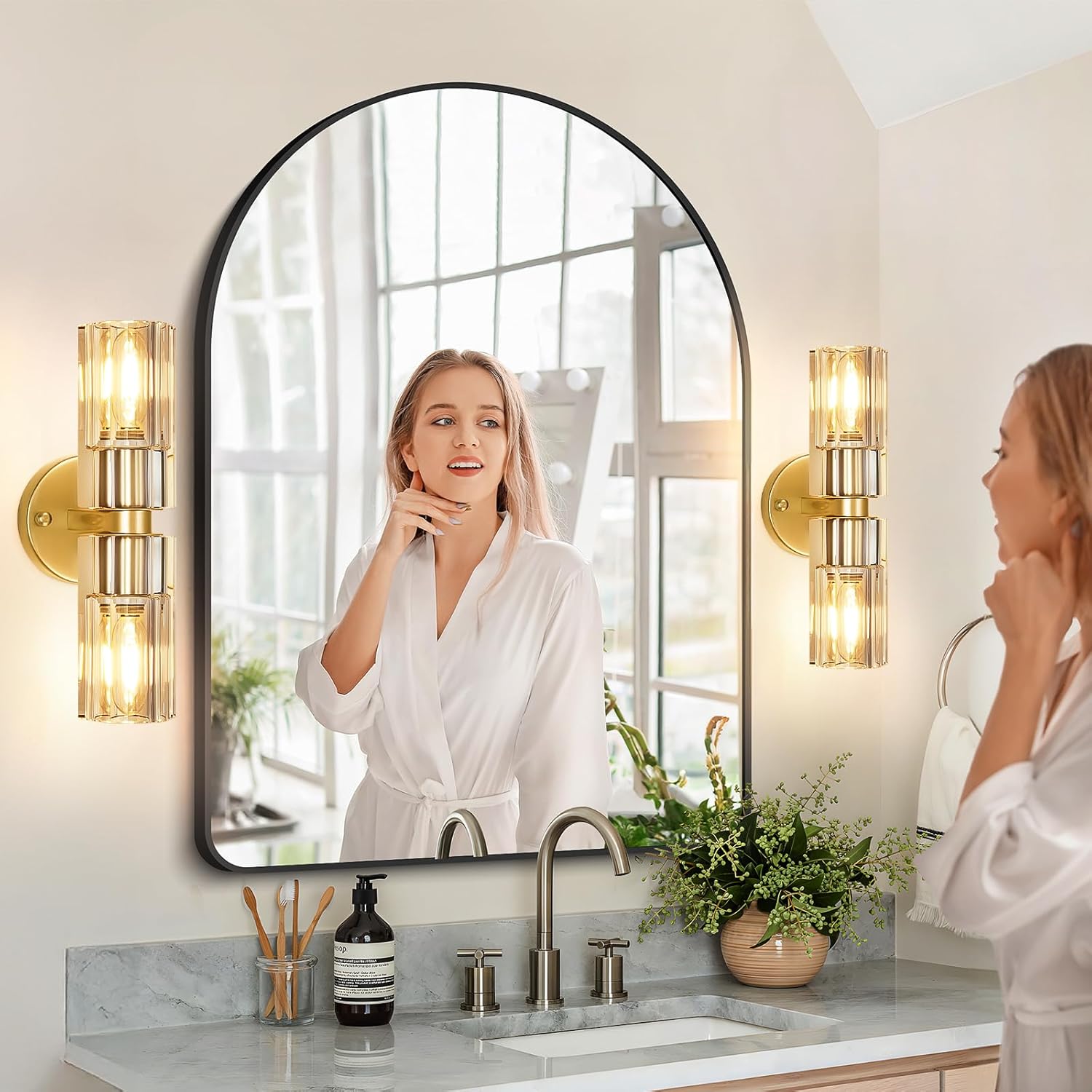 Gold Wall Sconce, Modern Bathroom Sconces Wall Lighting Vanity Light Fixtures with Clear Crystal, Hardwired Brushed Brass Wall Mount Lights for Living Room Corridor Mirror Bedroom Stairs