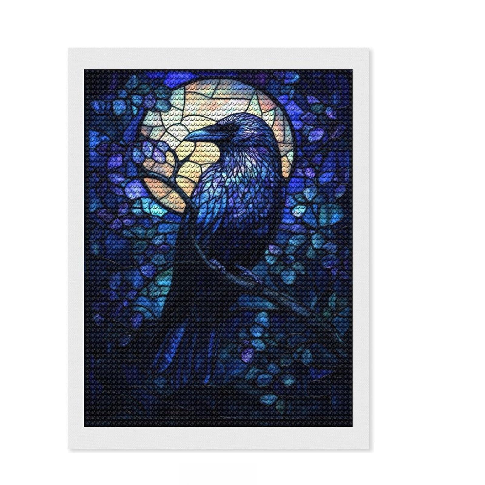 Junmoney Stained Glass Raven Full Drill Diamond Painting Kit 12"x16", Detailed Printed Canvas, Living Room Decor, Boho Decor, Holiday Gift Idea