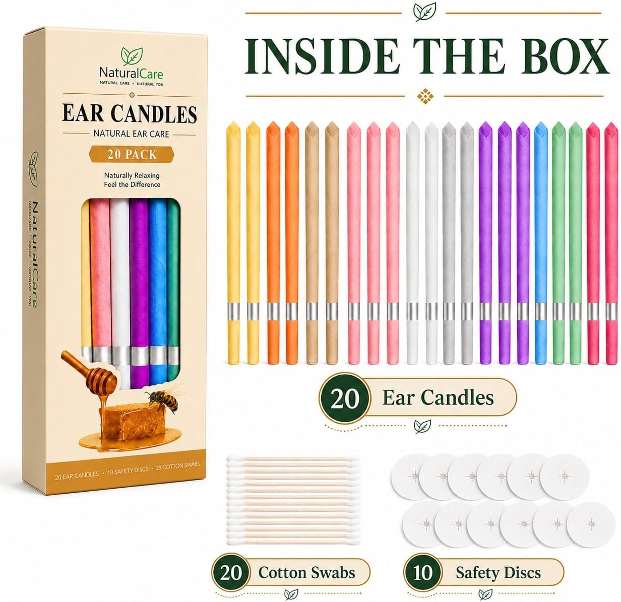 20 Pcs Ear Wax Cleaning Set Available in 10 Colors and Fragrances, Includes Cotton Swabs, Candle Drip Protector, Beeswax,Storage