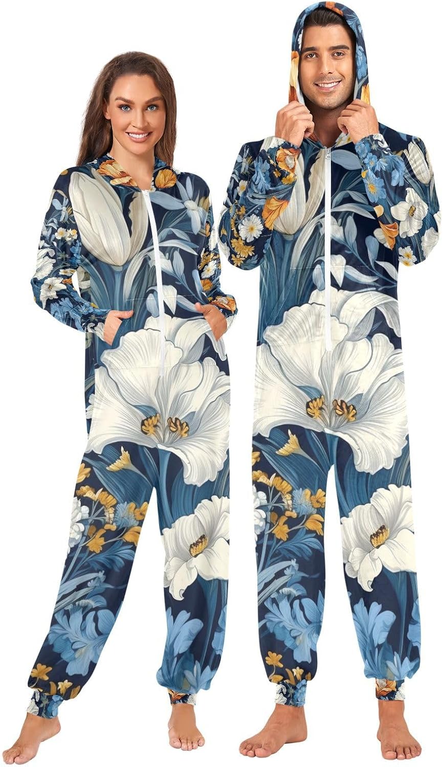 Spring Colorful Flower Blue Unisex Adult Onesie Pajamas Comfy One Piece Costume Jumpsuits Novelty Sleepwear Homewear for Men Women