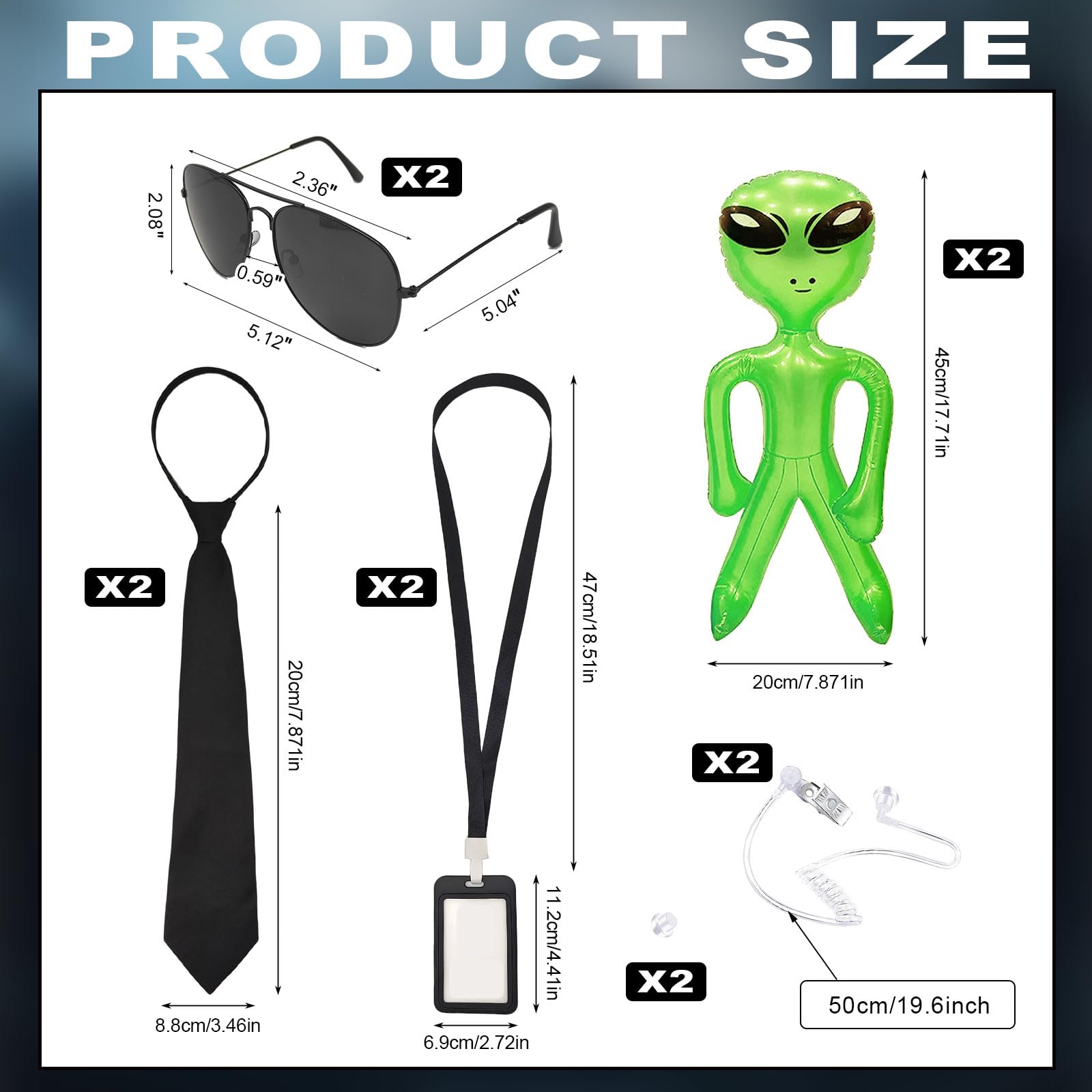EUPSIIU 12 Pack Secret Agent Costume Accessories Set Spy Costume Accessories with Sunglasses Tie Inflatable Props Green Aliens Card Holder Fake Earpiece ID Card Prop for Halloween Party Props (Black) - Image 2