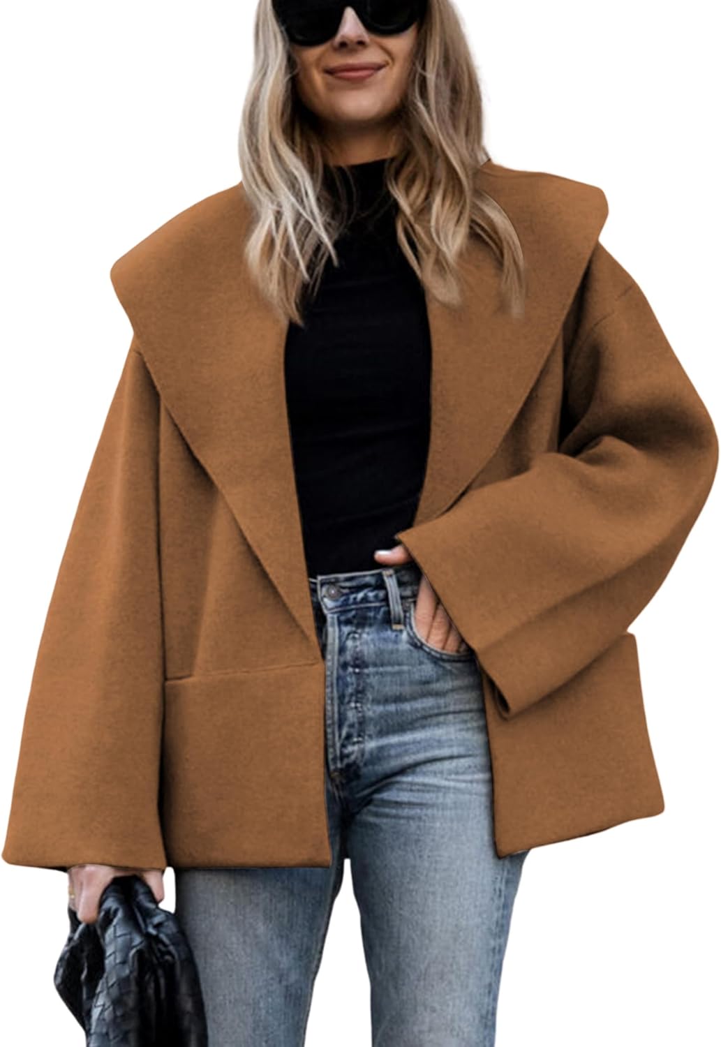 Hooever Women's Shawl Collar Sweater Oversized Cardigan Open Front Fall Winter Cropped Knit Sweater