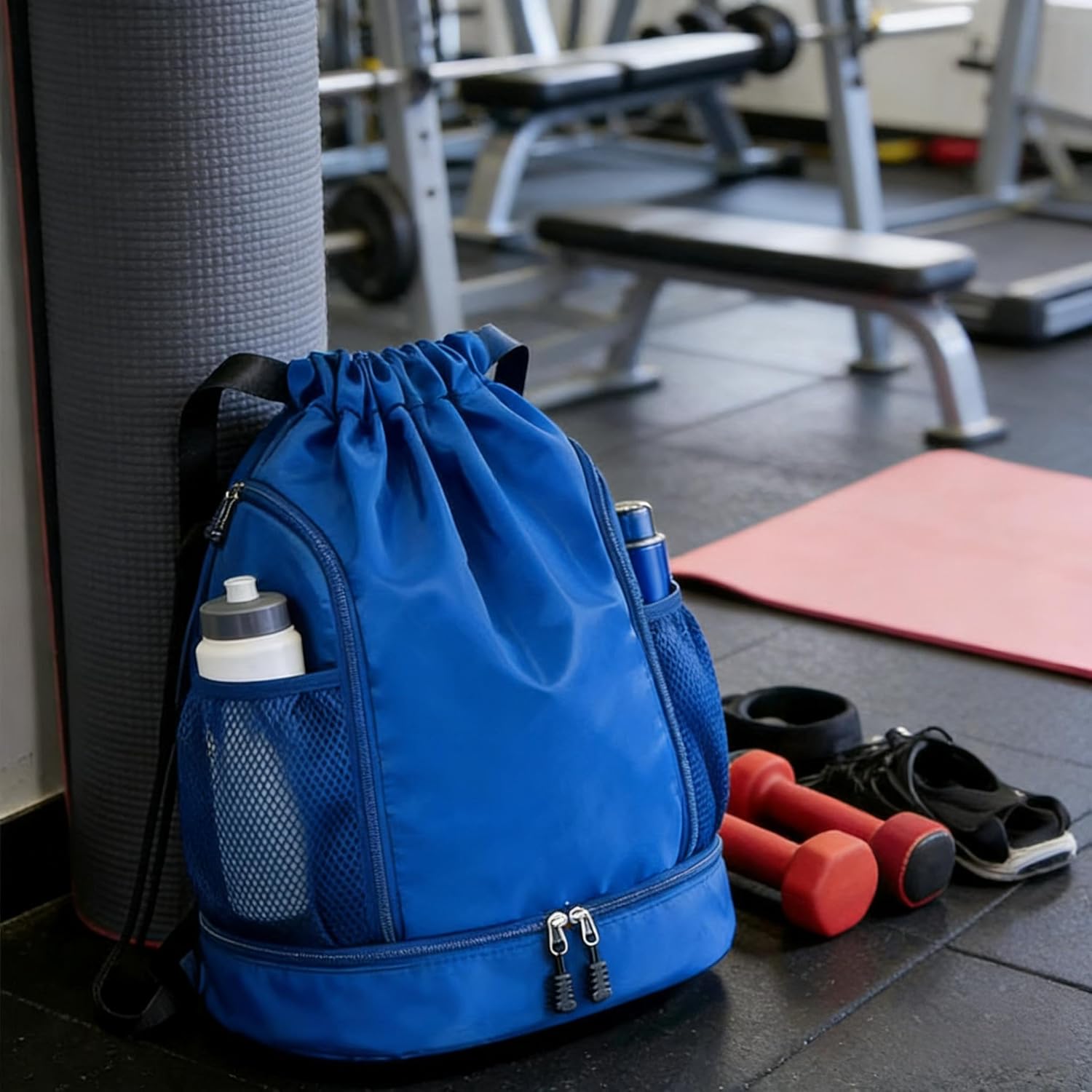 Drawstring Sports Backpack with Shoe Compartment, Nylon Gym Bag, Lightweight Foldable Sackpack for Swimming, Yoga (Blue)