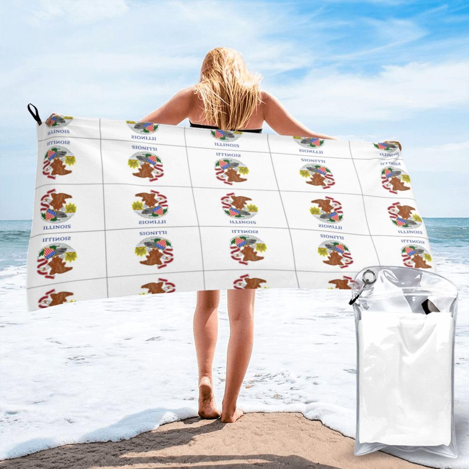 DIEzig Illinois State Flag Print Beach Towel Fast Dry Thin For Holiday Vacation Cruise Gym Swimmers