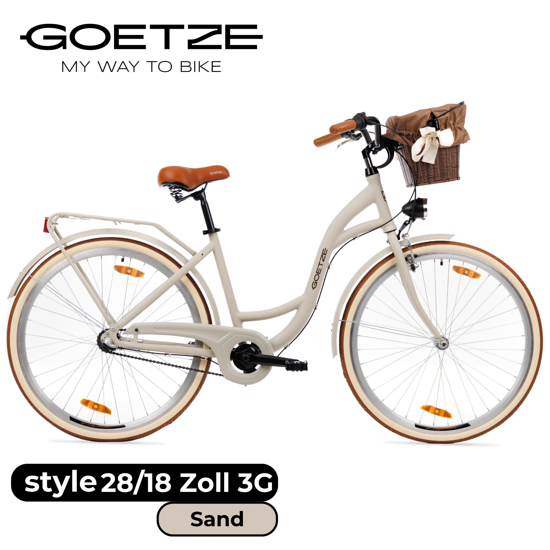 Goetze Style 28 Zoll Damen Citybike, 18 Zoll Tiefeinsteiger Aluminiumrahmen, 3-Gang Nabenschaltung, Rücktrittbremse, V-Bremse, LED-Beleuchtung, Rattankorb, Komfortsattel, mit Ständer & Klingel