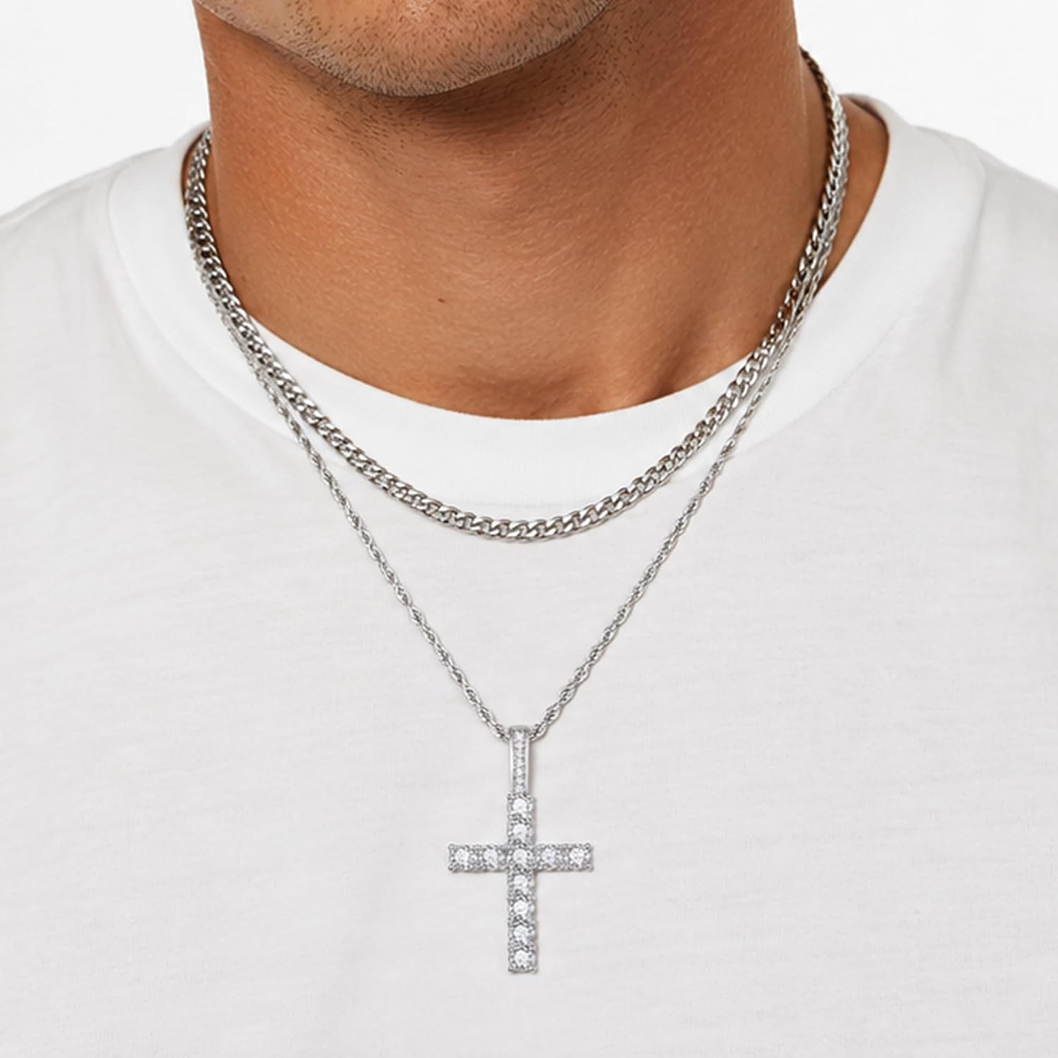 Fiusem Layered Cross Necklace for Men, Silver Tone/14K Gold Plated Mens Necklace Chain with Cubic Zirconia Cross Pendant, Stainless Steel Cuban and Rope Chain