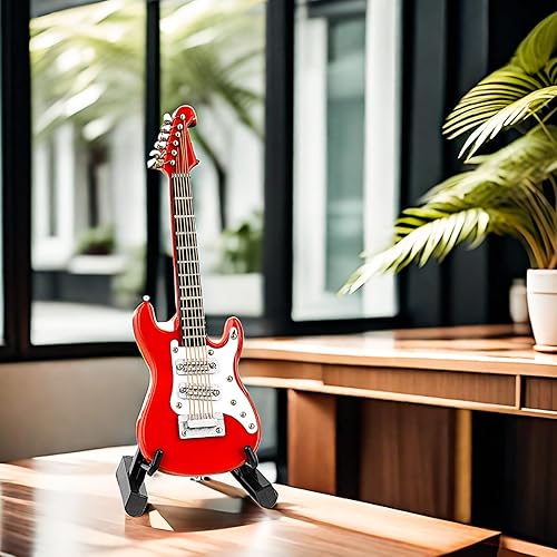 Miniatura 7 de Guitarra en miniatura con soporte y estuche, mini guitarra eléctrica de 6 cuerdas, instrumentos musicales modelo en miniatura para decoración del