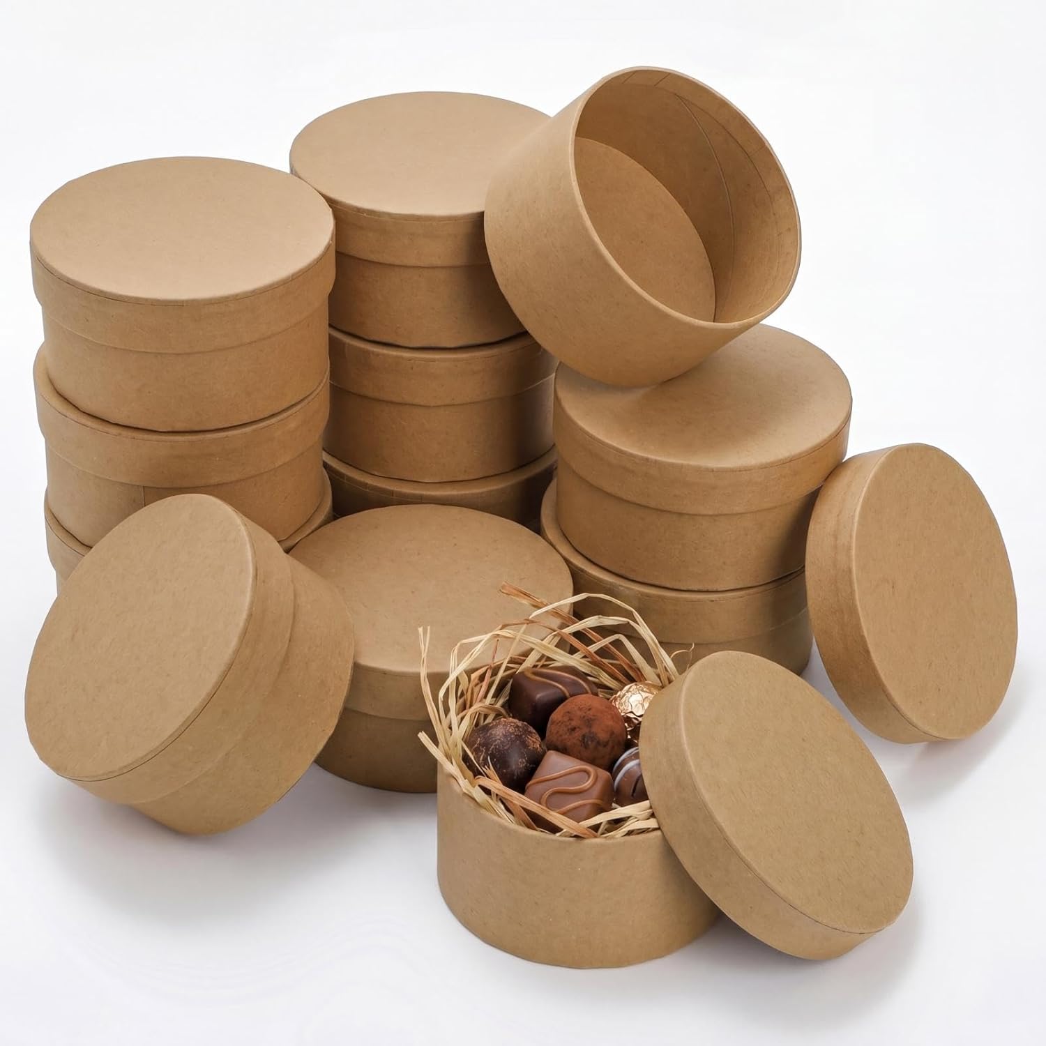 Goaste 12 Pack 4 Inch Round Kraft Gift Boxes with Lids, Small Paper Mache Boxes, DIY Craft Cardboard Storage Containers for Decoupage, Handmade Projects, Home Decor, Party Favors & Jewelry Organizing