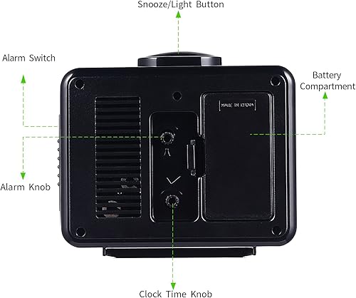 Miniatura 5 de Reloj despertador Crescendo de 4 pulgadas, silencioso, sin tictac, repetición, luz nocturna, funciona con pilas, fácil de configurar (negro)
