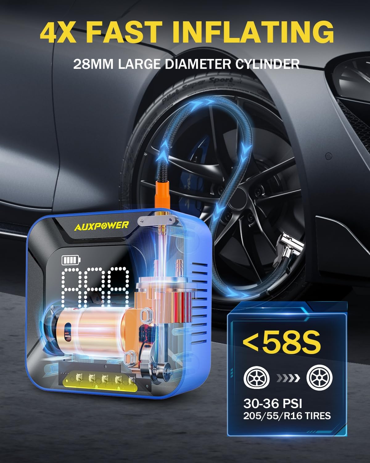AUXPOWER Tire Inflator Portable Air Compressor, 28MM Big Cylinder Tire Pump for Car with Auto-Shutoff,150PSI &7800mAh Portable Cordless Tires Compressor for Pickup SUV MPV Car Mortorcycle Bike Ball