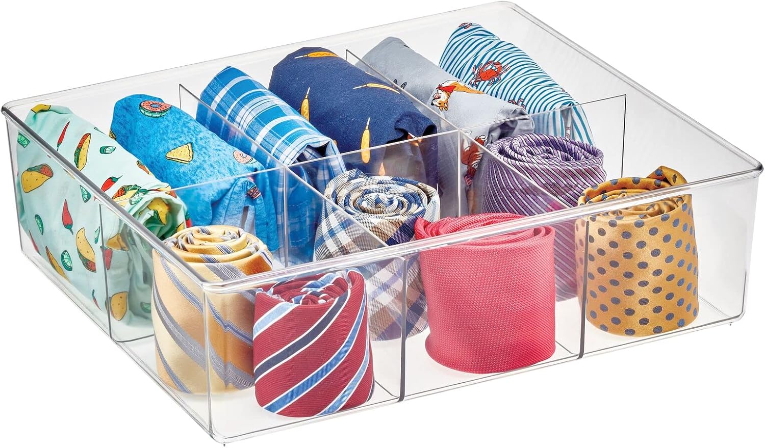 mDesign Plastic 6 Compartment Dresser Drawer Divided Organizer Bin for Scarves, Socks, Bras, Hair Ties, Belts, Underwear - Closet Shelf Storage Organization, Lumiere Collection, Clear