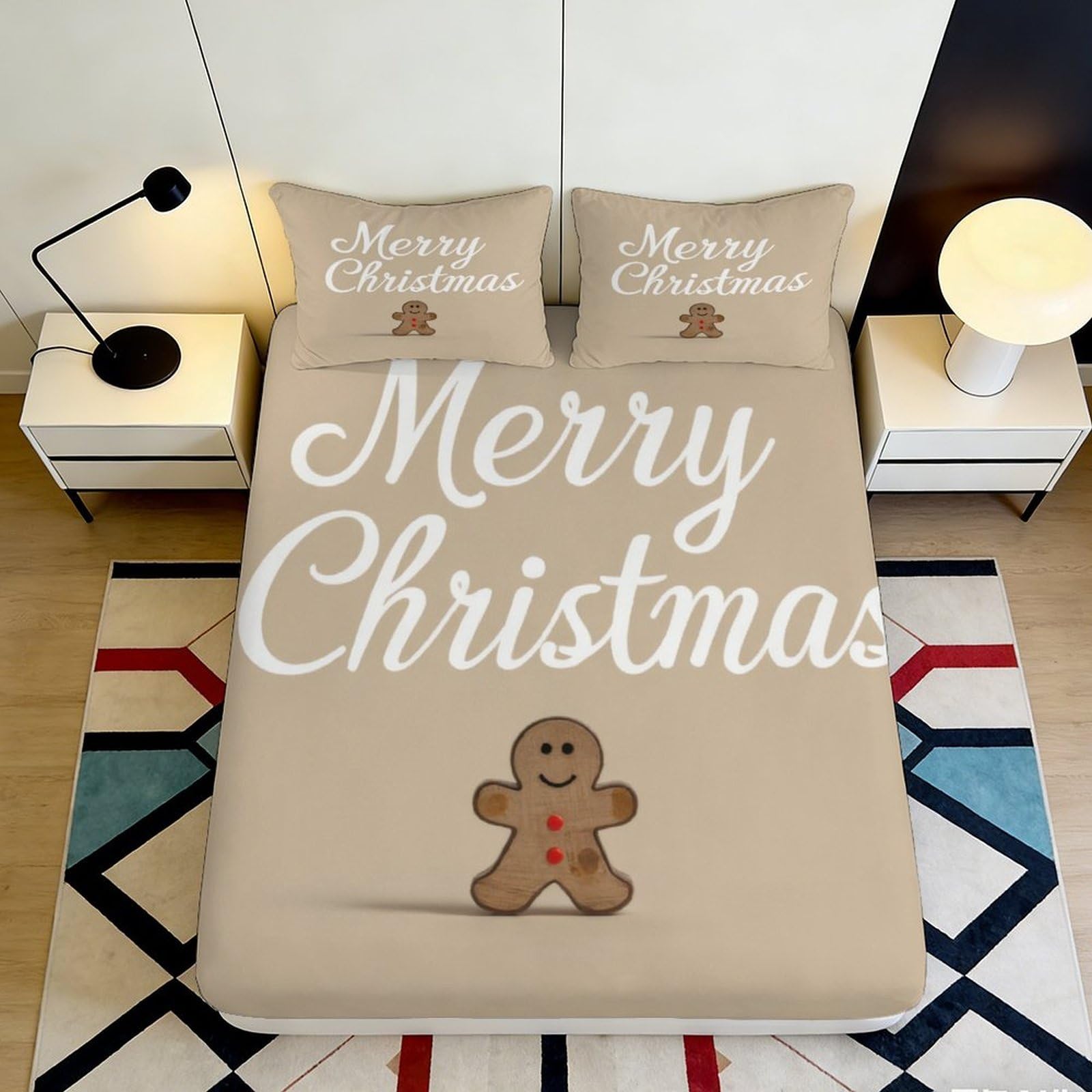 3D Printed Merry Christmas Gingerbread Fitted Sheet Microfiber Soft Anti-Slip Bed Cover for Bedroom Guest Room 90x200x25cm