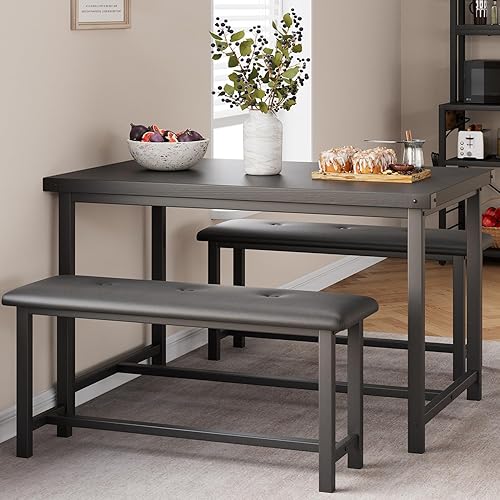IDEALHOUSE Juego de mesa de comedor para 4, mesa de cocina con bancos, juego de mesa de comedor rectangular con 2 bancos tapizados, juego de mesa de
