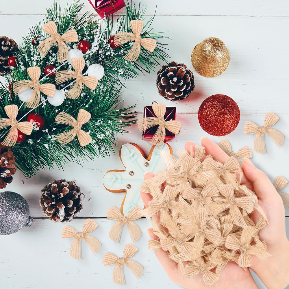 JOICEE 120 Pcs Christmas Mini Burlap Bows, Small Burlap Ribbon Bows Linen Bows DIY Craft Farmhouse Home Decoration for Home Xmas Trees Gifts Sewing Decor - Image 5