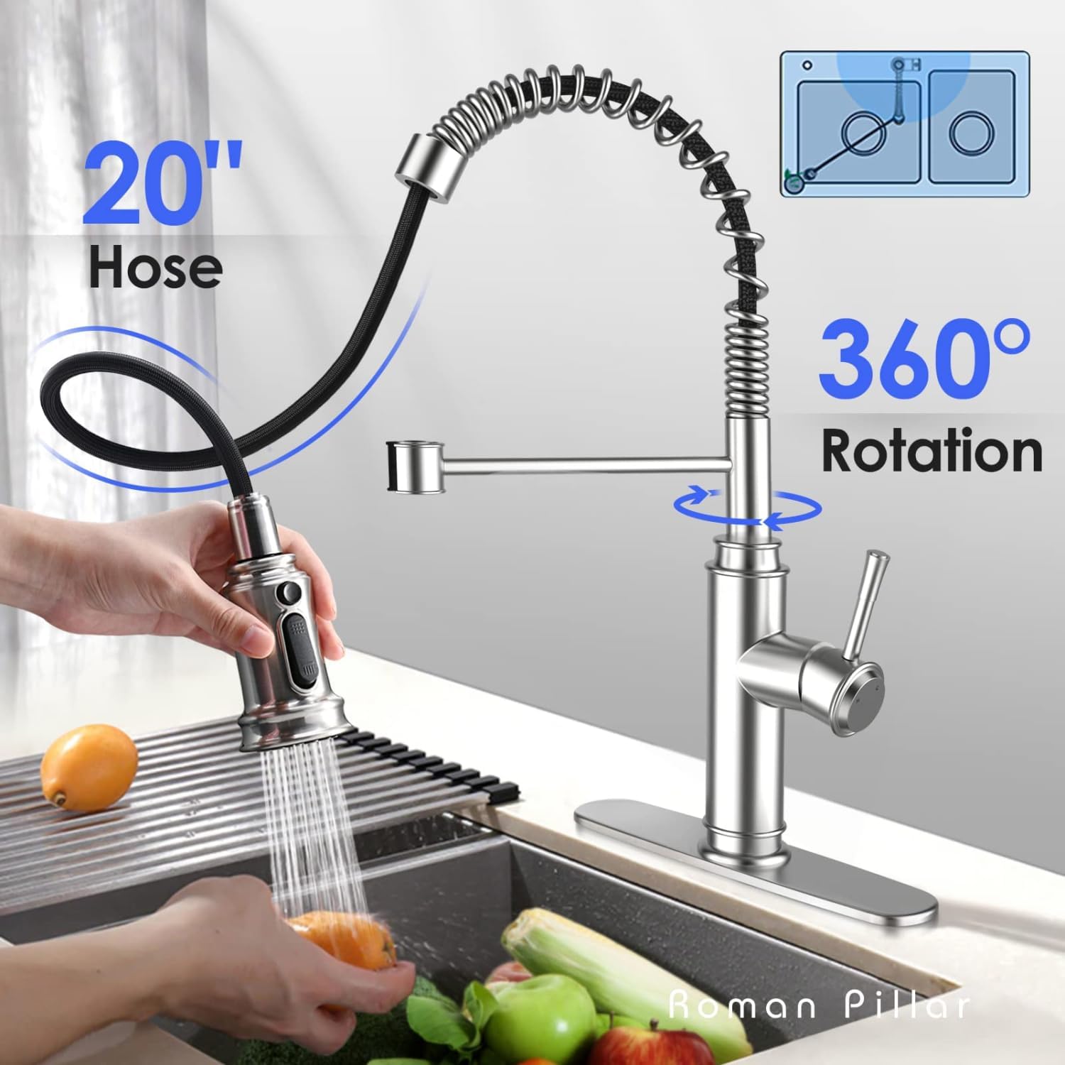 Kitchen Faucet - Spring Kitchen Sink Faucet with 3 Modes Pull Down Sprayer, Single Handle&Deck Plate for 1or3 Holes, 360° Rotation, Spot Resist Stainless Steel No Lead for RV Home