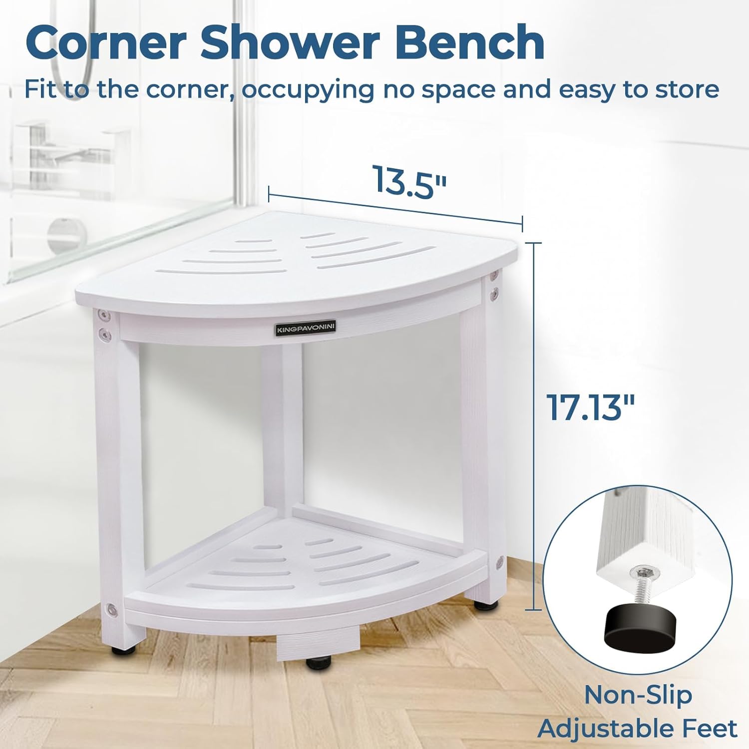 KingPavonini Waterproof Corner Shower Stool for Inside Shower, Anti-Fading Shower Bench for Shaving Legs, HDPS Anti-Fracture Shower Seat with Storage Shelf, Rapid Assembly, Load 400 Pounds