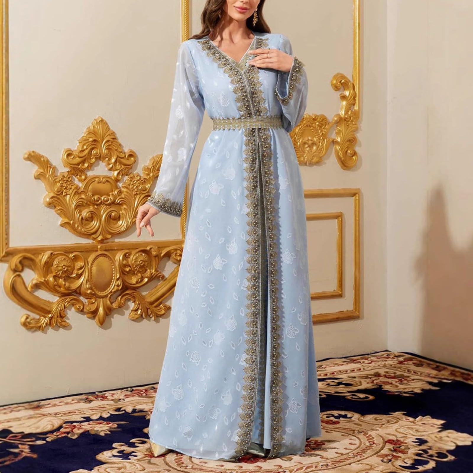 Abito Lungo Azzurro con Stampa, Scollo A V, Bordato in Pizzo, Cintura e Polsini Ricamati, Lacci in Vita sul Retro, per Occasioni di Festa