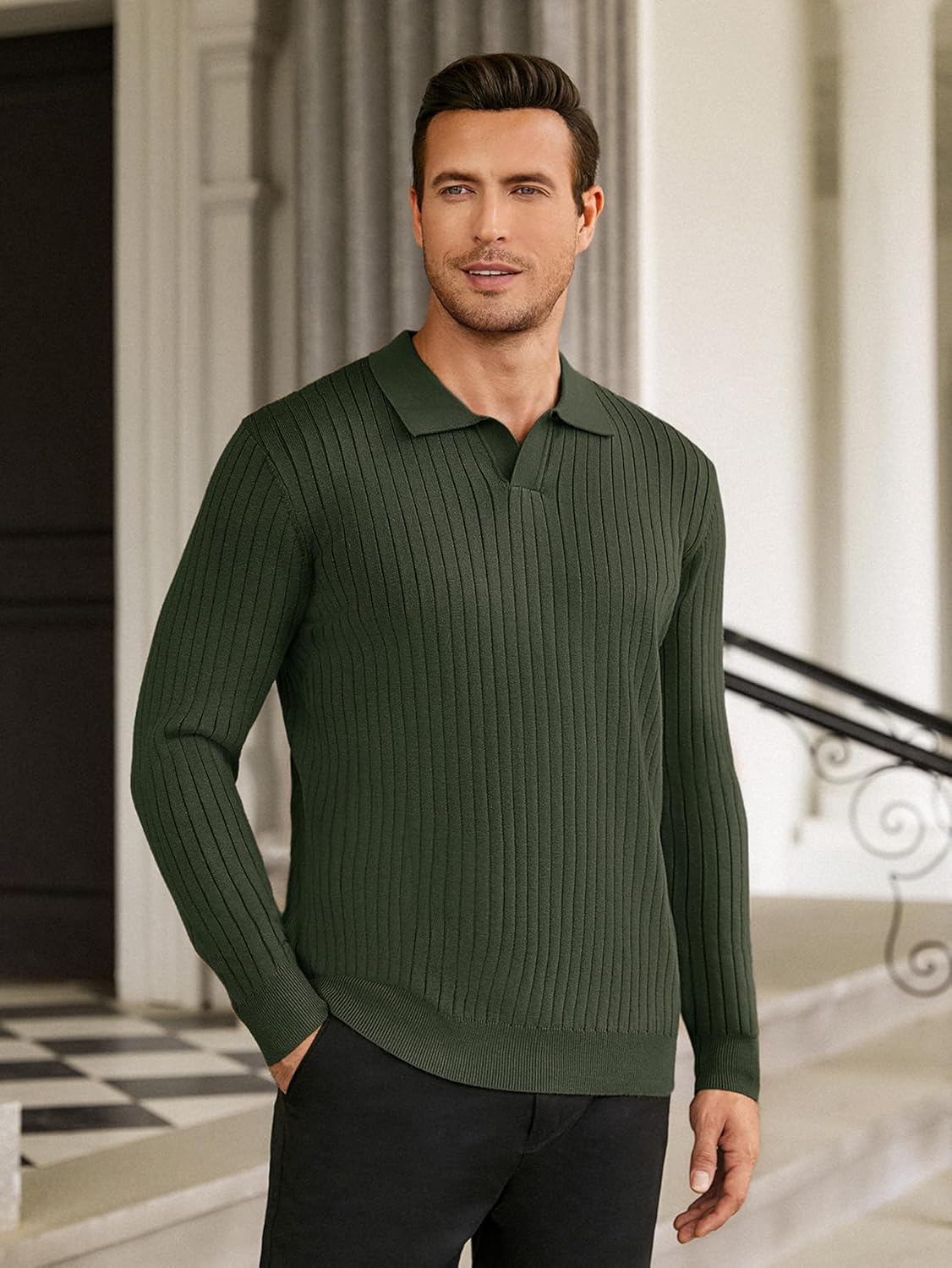 Hardaddy Men's Ribbed Knit Sweater Casual Long Sleeve Polo Sweater Collared V Neck Polo Shirts Solid Pullover Tops - Image 2