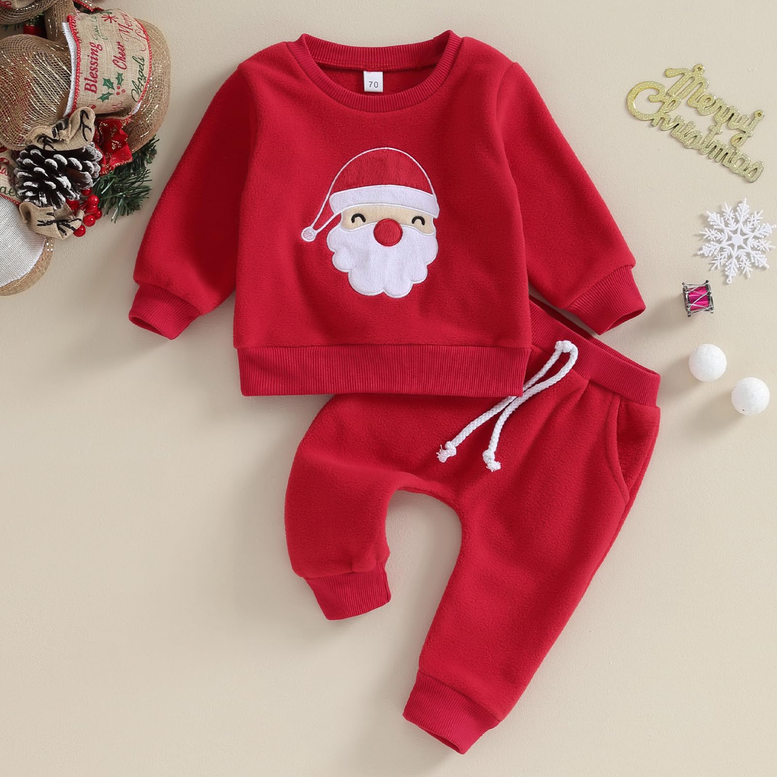 Baby Girl Boy Christmas Outfits Embroidery Long Sleeve Sweatshirts Long Pants 2Pcs Fall Clothes Set (Santa Claus-Red, 12-18 Months)