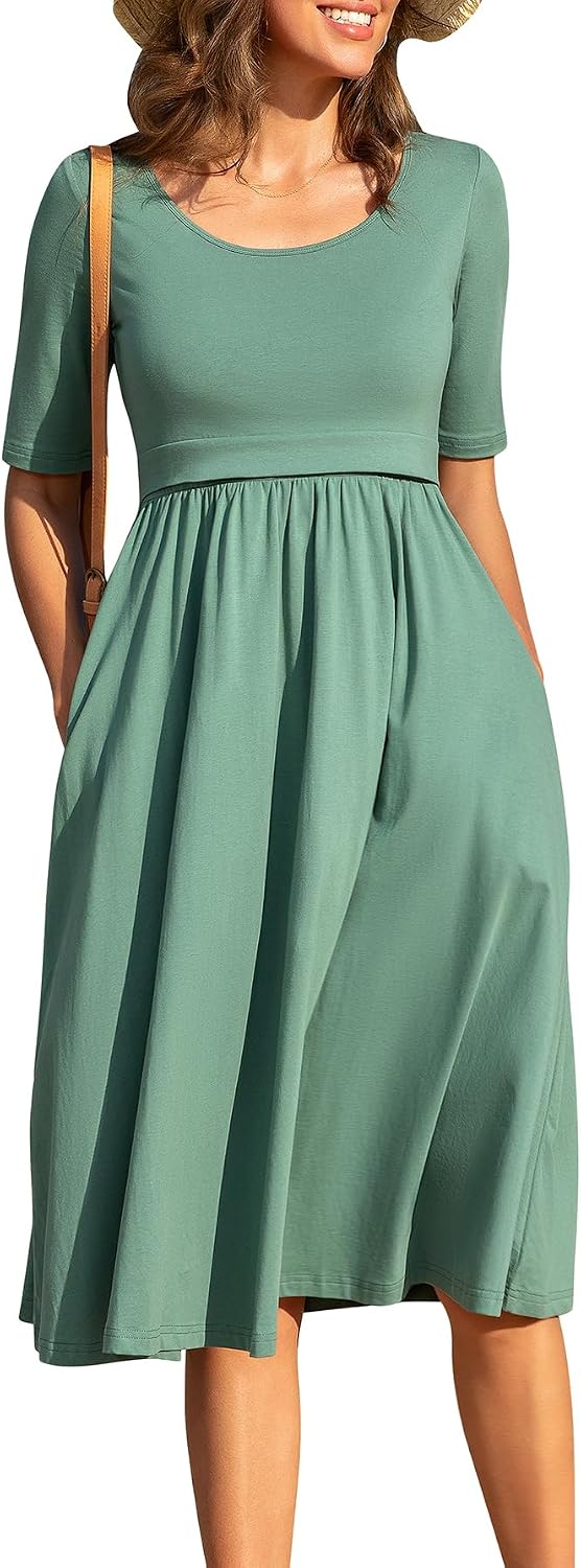 Women's Nursing Dresses Breastfeeding Comfortable Cotton Midi Breastfeeding Dress with Pockets