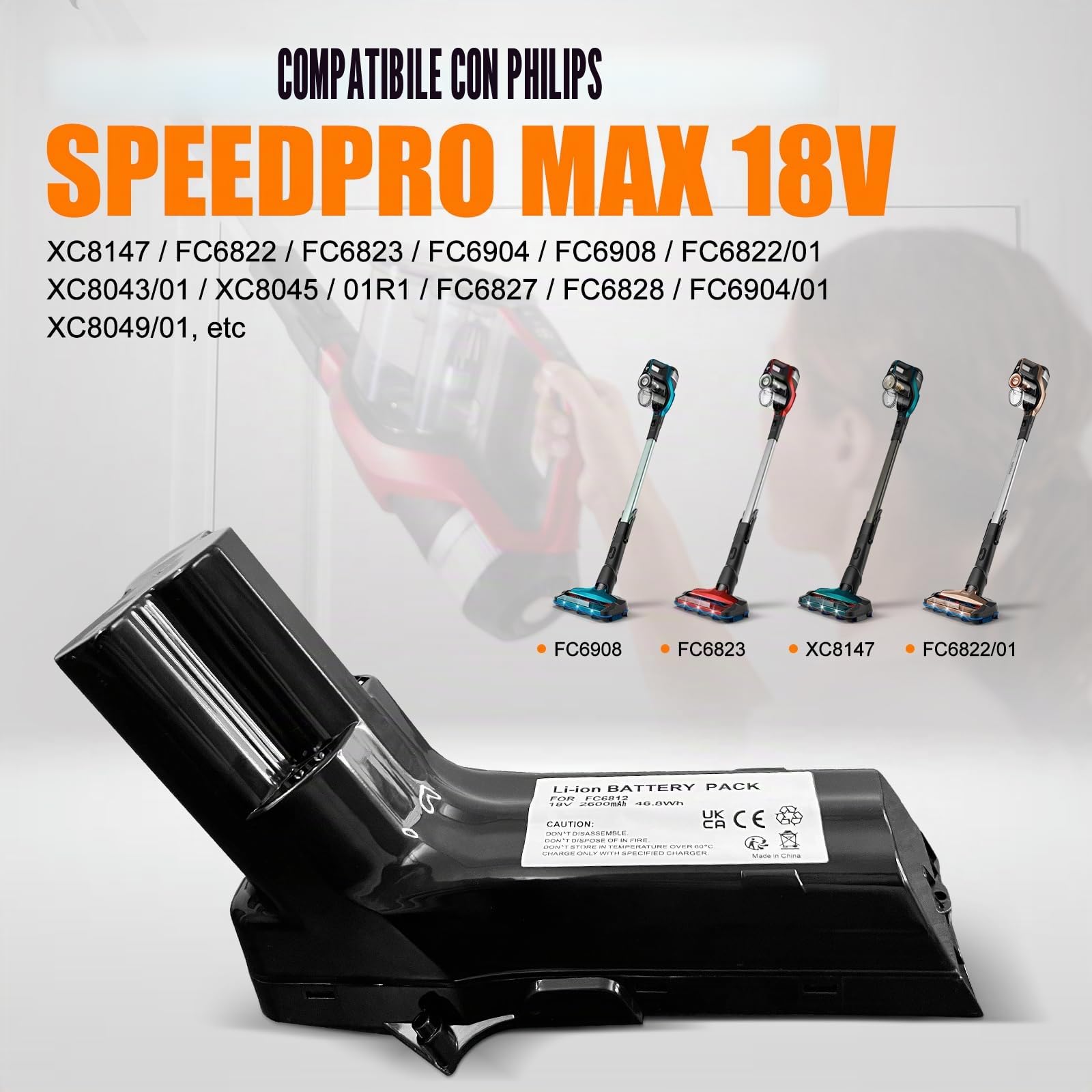 18V Batteria per aspirapolvere Philips, compatibile con Philips SpeedPro Max Aqua, SpeedPro Max Stick, FC6813, FC6814, FC6812, FC6801, ecc. Supporta solo gli aspiratori 18V, non gli aspiratori 25,2V