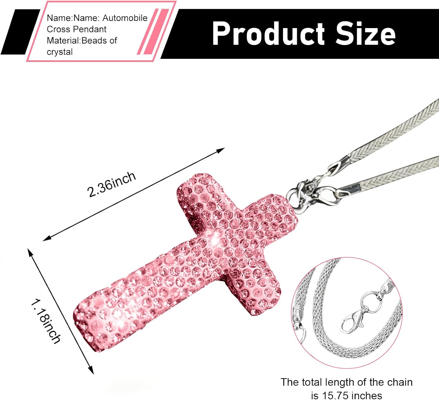Car Hanging Ornament, Bling Rhinestone Cross Pendant Rearview Mirror Ornament, Stainless Steel Rear View Mirror Decoration Charm, Universal Car Interior Accessories (White) image 2