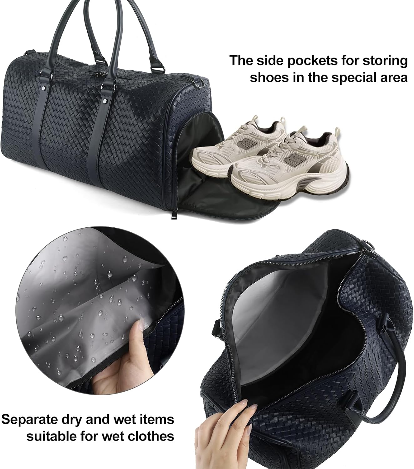Weekender Bags for Women Woven Leather Travel Duffel Bag with Shoe Compartment, Carry On Garment Bag for Men Women, Large Capacity Water-resistant Gym Tote (Dark Blue) - Image 2