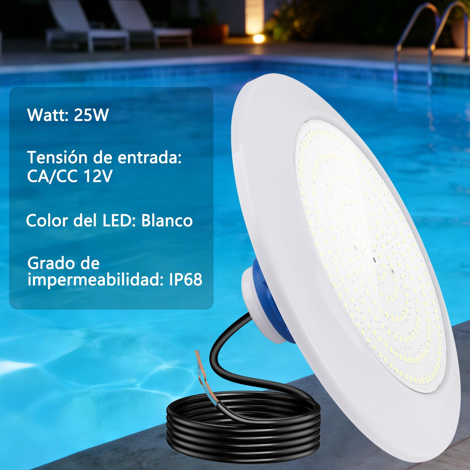 Illuminazione LED per Piscina, Faretti Bianco Freddo 25W con Filettatura Esterna da 1-1/2 Pollici, IP68 12V AC Lampada Subacquea per Piscine in Calcestruzzo/Piscine in Polistirene
