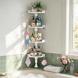 akinbas 360° Rotating Shower Caddy Tension Pole with 4-Tier Rustproof Lazy Susan 35-128 Inch No Drilling Coner Shelves Adjustable Shower Rack for Bathroom Bathtub Washbasin Plant Storage (White+Gold)