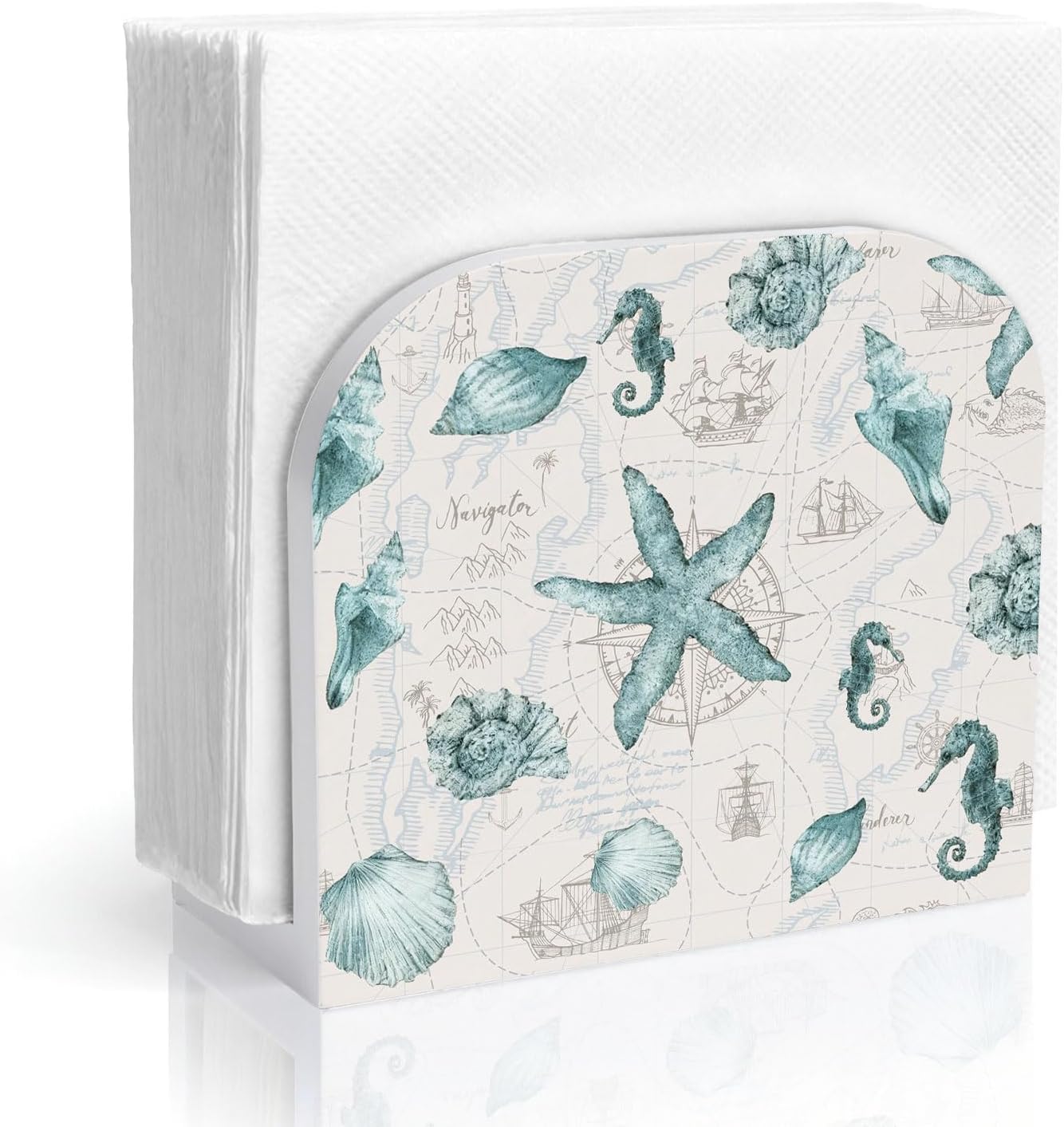 Nautical Coastal Beach Wood Napkin Holder, Ocean Starfish Seashell Seahorse Wooden Standing Napkin Dispenser for Table Kitchen Dining Room Home Beach House Cabin Decorations