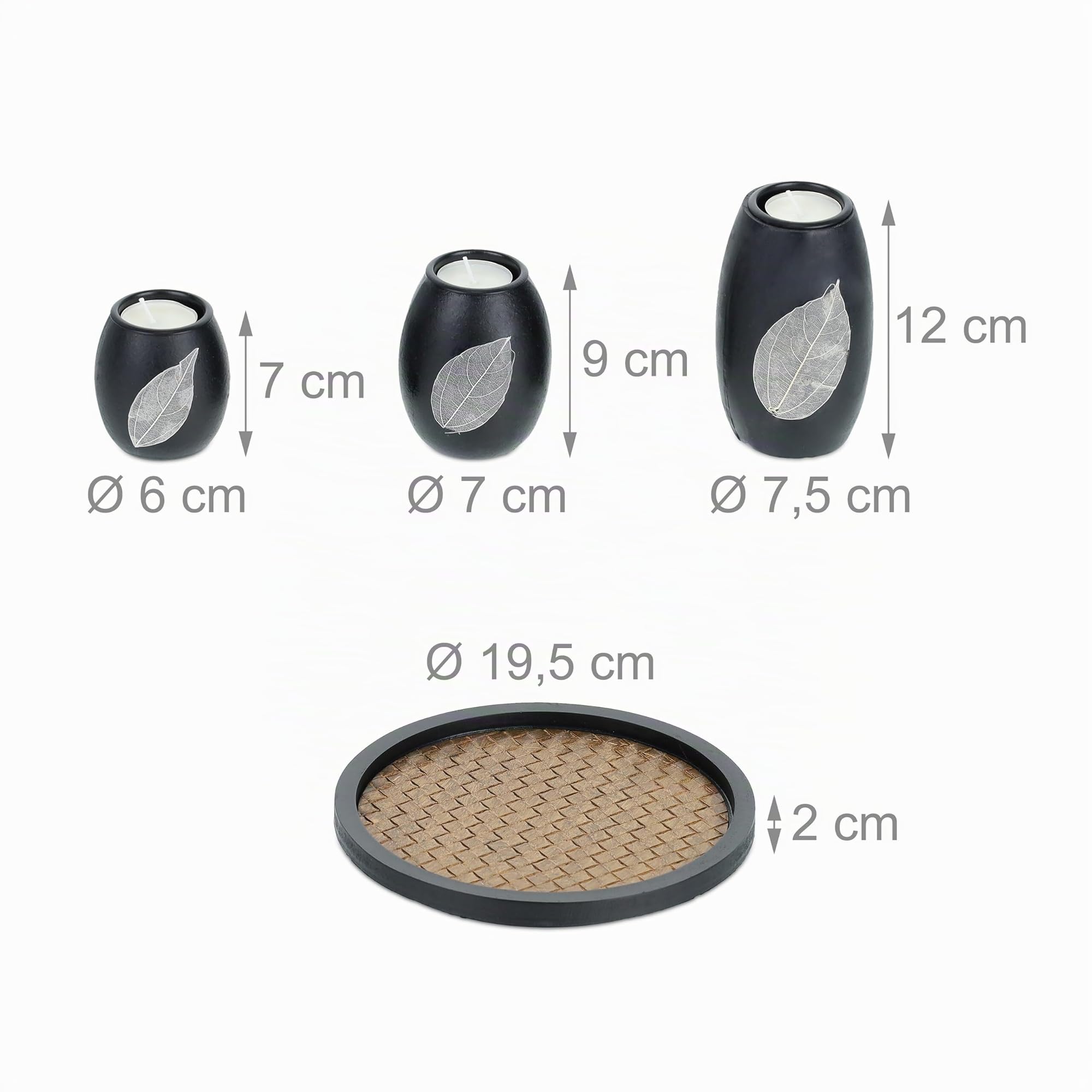 Relaxdays Set Portavelas con Bandeja y Piedras Decorativas, Ø 19,5 cm, 3 Velitas, Decoración de Mesa, Negro/Marrón
